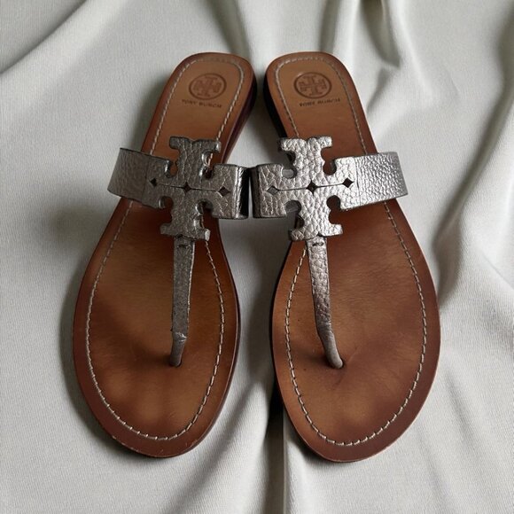 TORY BURCH Silver Pewter Leather Logo Sandals Size 10 - Picture 1 of 8